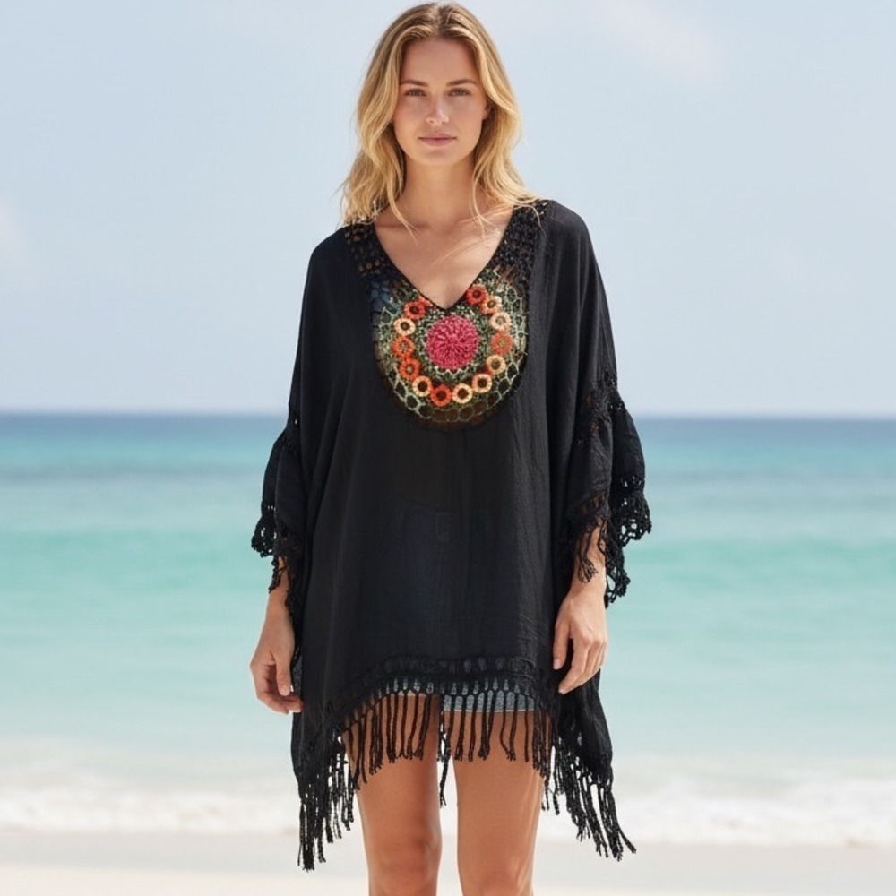 Beach By Exist Black Crochet Medallion Fringe‎ Kaftan Swim Cover Up Boho L/XL